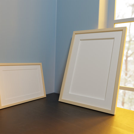 Photo frame mockup minimalist on table psd for photo galleryの写真素材