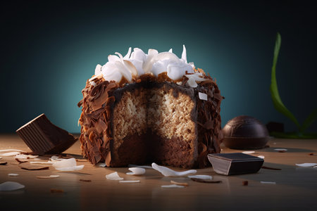 delicious cake covered with chocolate and cheese on a dark background on top tableの素材
