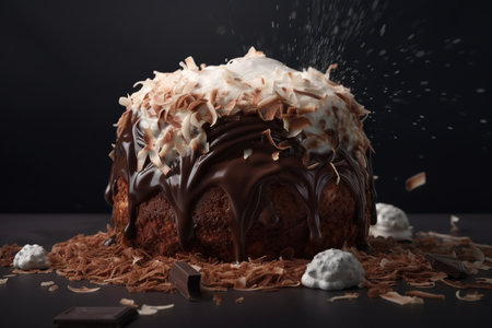delicious cake covered with chocolate and cheese on a dark background high detailedの素材