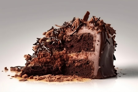Detailed photo of sponge cake wrapped and sprinkled with chocolate with a light background on a plateの素材