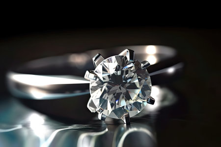close up of diamond solitaire engagement ring with dark backgroundの素材