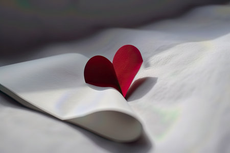 red paper heart on white  surface paper or woodenの素材