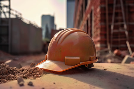 a construction hard yellow hat placed on a stack of brick wallの素材