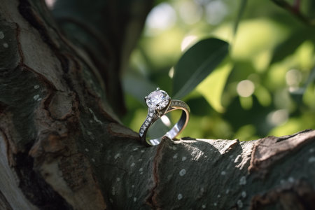 photo of a beautiful diamond ring for a wedding on twigs and green leavesの素材