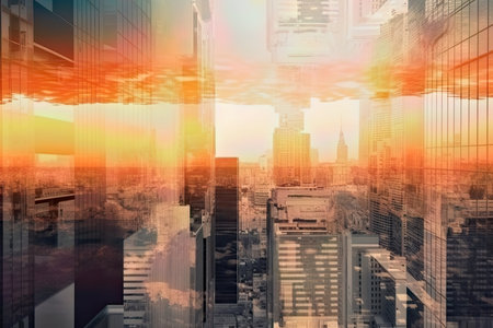 double exposure of a modern office building in sunset shadesの素材