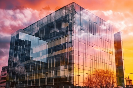 double exposure of a modern office building in sunset shadesの素材