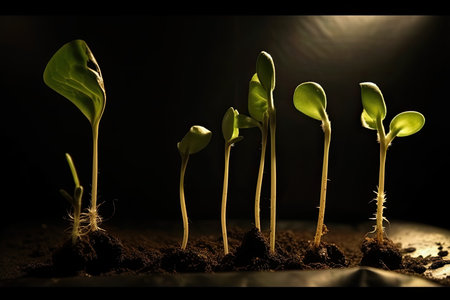 time-lapse sequence of seeds sprouting and growing on a black background and little lightの素材