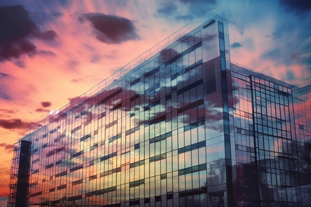 double exposure of a modern office building in sunset shadesの素材