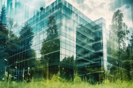 double exposure of modern office building in green tonesの素材