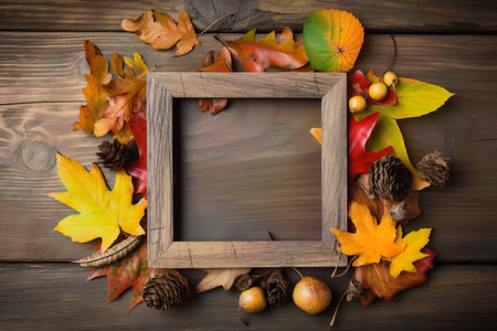 a square photo frame made of weathered wood surrounded by dry leaves on a wooden tableの素材