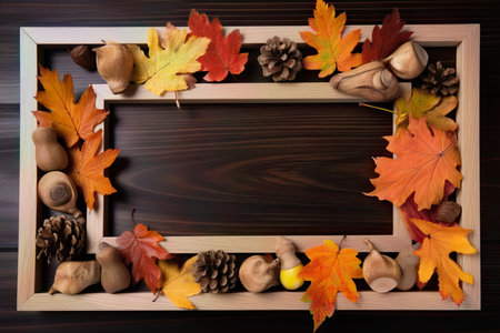 simple rectangular photo frame made of minimalistic wood with leaves and pine on a wooden tableの素材
