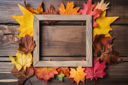 a square photo frame made of weathered wood surrounded by dry leaves on a wooden tableの素材