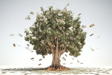 flying money tree isolated on white backgroundの素材
