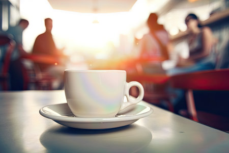 white coffee cup on a wooden table in a cozy cafe with blurred background and bokeh in the afternoonの素材