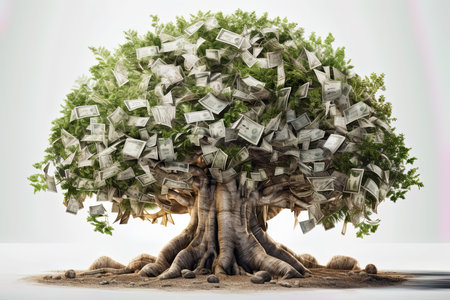 flying money tree isolated on white backgroundの素材