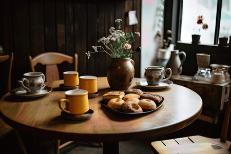 Photo of a rustic wooden table in a cafe with food on it, coffee, bread and so onの素材