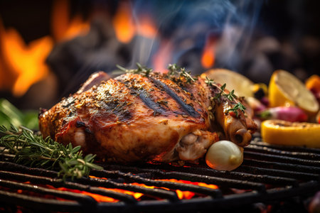 This is a close-up photograph of a piece of chicken being cooked on a grill. The chicken is positioned on the grill grates, with visible char marks on the surface of the meat. The heat from the grill is evident, with small flames and smoke rising up around the chicken. The piece of chicken is shown in detail, with the texture of the meat and the seasoning on the surface visible. This photo captures the anticipation and excitement of cooking meat on an outdoor grill, with the aroma and sizzle of the chicken making your mouth water.の素材