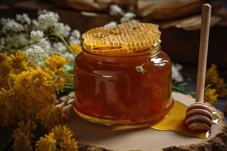 A jar of honey with a wooden dipper, accompanied by flowers and a beehive in the background.の素材