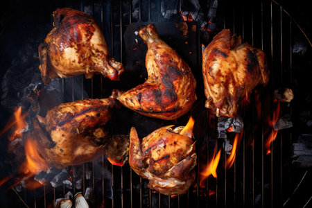 This is a top-down photograph of a grill, with several pieces of delicious grilled chicken on display. The grill grates are visible, with char marks from the cooking process. The chicken pieces are arranged in an appealing way, with different cuts and sizes adding visual interest to the photo. The colors of the chicken are rich and appetizing, with a golden brown exterior and juicy, tender meat on the inside. The top-down perspective provides a unique view of the grill and the cooking process, making the viewer feel as though they are about to enjoy a delicious meal.の素材