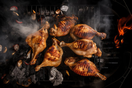 This is a top-down photograph of a grill, with several pieces of delicious grilled chicken on display. The grill grates are visible, with char marks from the cooking process. The chicken pieces are arranged in an appealing way, with different cuts and sizes adding visual interest to the photo. The colors of the chicken are rich and appetizing, with a golden brown exterior and juicy, tender meat on the inside. The top-down perspective provides a unique view of the grill and the cooking process, making the viewer feel as though they are about to enjoy a delicious meal.の素材