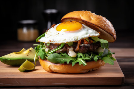 Indulge in a mouthwatering gourmet hamburger, expertly crafted with juicy beef, topped with a delightful combination of caramelized onions and peppery arugula, all served on a rustic wooden tray for a touch of charm and sophistication. Every bite is a savory explosion of flavor that will leave you craving more.の素材