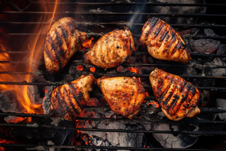 This is a top-down photograph of a grill, with several pieces of delicious grilled chicken on display. The grill grates are visible, with char marks from the cooking process. The chicken pieces are arranged in an appealing way, with different cuts and sizes adding visual interest to the photo. The colors of the chicken are rich and appetizing, with a golden brown exterior and juicy, tender meat on the inside. The top-down perspective provides a unique view of the grill and the cooking process, making the viewer feel as though they are about to enjoy a delicious meal.の素材