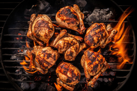This is a top-down photograph of a grill, with several pieces of delicious grilled chicken on display. The grill grates are visible, with char marks from the cooking process. The chicken pieces are arranged in an appealing way, with different cuts and sizes adding visual interest to the photo. The colors of the chicken are rich and appetizing, with a golden brown exterior and juicy, tender meat on the inside. The top-down perspective provides a unique view of the grill and the cooking process, making the viewer feel as though they are about to enjoy a delicious meal.の素材
