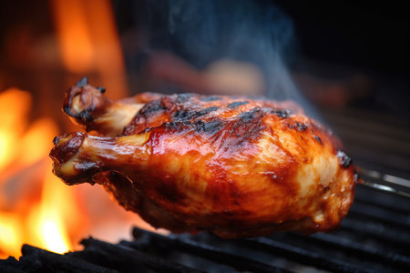 This is a close-up photograph of chicken thighs being grilled over an open flame, set against a dark background. The chicken thighs are positioned over the fire, with visible grill marks on the surface of the meat. The flames are captured in the photo, creating a sense of movement and heat. The dark background adds drama and contrast to the image, drawing the viewer's attention to the sizzling chicken. The photo captures the mouth-watering allure of outdoor grilling and the delicious aroma of flame-kissed meat.の素材