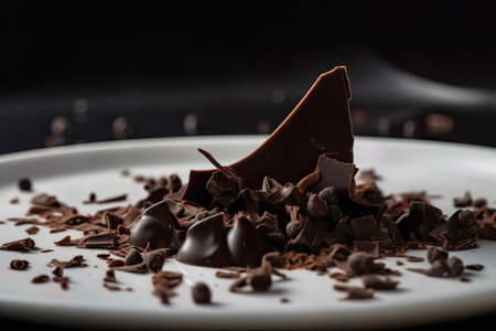 Satisfy your sweet tooth with a delectable piece of dark chocolate, captured in a stunning close-up shot, revealing the intricate texture and rich, velvety sheen. Adorned on a pristine white plate, this irresistible treat is the epitome of elegance and indulgence, perfect for a luxurious dessert or a mid-day pick-me-up.の素材