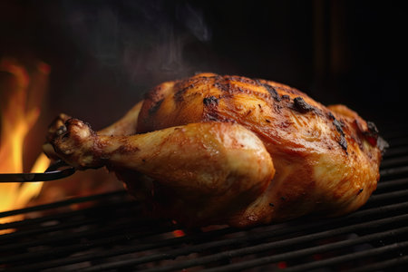 This is a close-up photograph of chicken thighs being grilled over an open flame, set against a dark background. The chicken thighs are positioned over the fire, with visible grill marks on the surface of the meat. The flames are captured in the photo, creating a sense of movement and heat. The dark background adds drama and contrast to the image, drawing the viewer's attention to the sizzling chicken. The photo captures the mouth-watering allure of outdoor grilling and the delicious aroma of flame-kissed meat.の素材