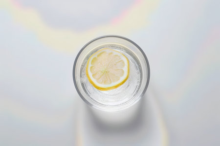 This is a high angle shot of a glass containing lemon crystals. The crystals are visible through the glass and appear to be very fine and powdery. The glass is set against a plain background, which makes the yellow color of the crystals stand out even more.の素材