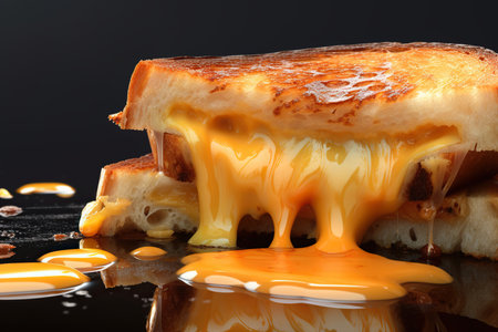 Treat yourself to the ooey-gooey goodness of this grilled cheese sandwich, served on a rustic wooden board. With its melted cheese and crispy bread, this sandwich is a classic comfort food that satisfies any hunger pangs. Perfect for a quick lunch or a hearty snack.の素材