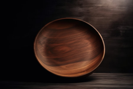 Empty wooden bowl on a dark background. 3d rendering. Copy space.の素材
