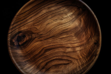 Wooden bowl on a black background. Close-up image.の素材