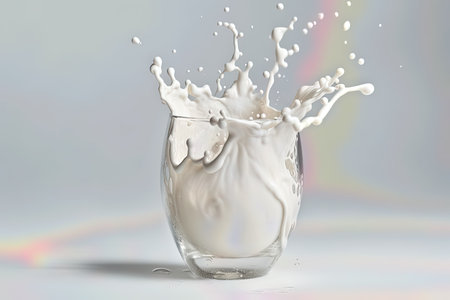 This stunning photograph captures a splash of milk dropping into a glass, creating a perfect moment in time. The contrast of the white milk against the dark background makes for a striking image that will captivate the viewer.の素材