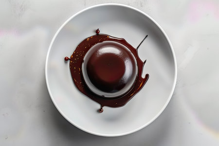 A stunning top-down view of a clear glass filled to the brim with rich, velvety chocolate sauce, resting on a clean white plateの素材