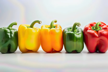 Feast your eyes on the colorful variety of bell peppers in this group shot. From the bright reds to the sunny yellows and deep greens, these peppers are not only visually appealing but also bursting with flavor. Use them in your salads, stir-fries, or any other dishes to add a pop of color and taste.の素材
