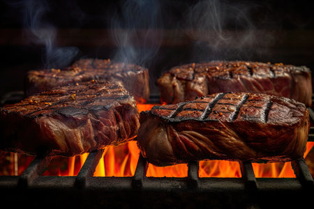 This photograph captures the mouth-watering sight of hot beef sizzling on a fiery grill. The flames and smoke add drama and excitement to the image, while the grill marks on the meat create a sense of texture and depth. Perfect for use in food and restaurant marketing materials, or as a visually striking element in print or digital design projects.の素材