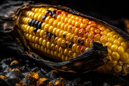 A deliciously roasted corn on the cob is presented against a dark background, highlighting its golden-brown color and smoky aroma. The slightly burnt edges add to its rustic charm, making it a visually appealing and appetizing dish.の素材