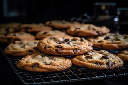 A heap of freshly baked chocolate chip cookies is presented, adorned with tiny chocolate chips on top, highlighting their delicious aroma and mouth-watering appearance. The golden-brown color and visible chocolate chunks make them all the more irresistible.の素材