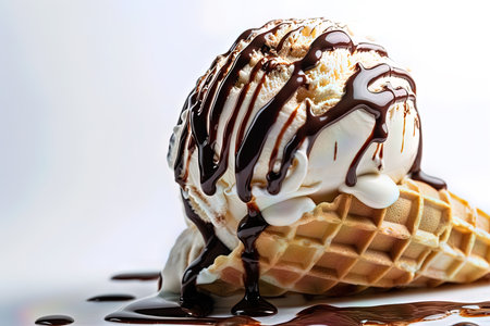 This delectable dessert features a scoop of creamy vanilla ice cream smothered in rich, decadent chocolate sauce, creating a perfect balance of sweet and indulgent flavors. The white background highlights the simplicity and beauty of this classic treat.の素材