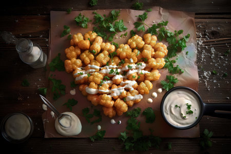 A creative arrangement of tater tots in the shape of a heart is captured in this photo, showcasing the fun and playful side of the beloved snack. The golden brown and crispy texture of the tater tots adds to the irresistible appeal of the image.の素材