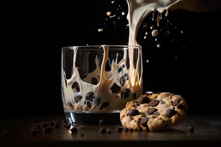 A creative shot of a chocolate chip cookie sitting in a glass is captured in this photo, highlighting the indulgent and comforting nature of the classic treat. The warm colors and inviting texture of the cookie make it appear even more tempting when paired with a glass of milk.の素材