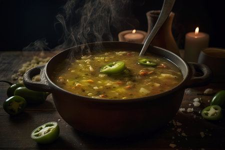 A photo of a steaming bowl of green chilies is captured, showcasing the spicy and vibrant nature of the dish. The steam rising from the bowl adds to the sensory experience, making it a tempting and flavorful option for those who love a bit of heat.の素材