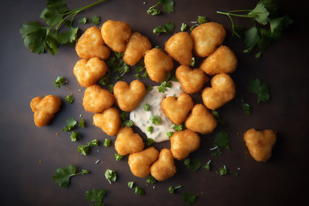 A creative arrangement of tater tots in the shape of a heart is captured in this photo, showcasing the fun and playful side of the beloved snack. The golden brown and crispy texture of the tater tots adds to the irresistible appeal of the image.の素材