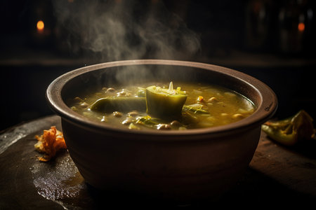 A photo of a steaming bowl of green chilies is captured, showcasing the spicy and vibrant nature of the dish. The steam rising from the bowl adds to the sensory experience, making it a tempting and flavorful option for those who love a bit of heat.の素材