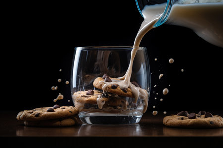 A creative shot of a chocolate chip cookie sitting in a glass is captured in this photo, highlighting the indulgent and comforting nature of the classic treat. The warm colors and inviting texture of the cookie make it appear even more tempting when paired with a glass of milk.の素材