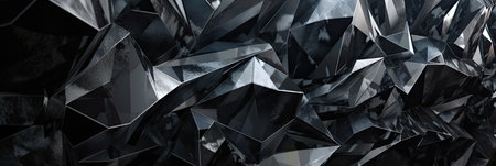 An abstract black crystal texture with faceted angles, exhibiting a striking and intricate design with sharp edges and a glossy surface.の素材