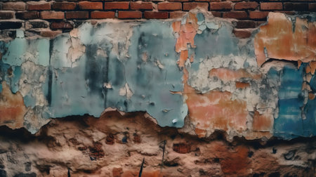 A close-up shot of a cracked grunge wall with an old texture, displaying a rugged and weathered surface with visible cracks, peels, and rough edges.の素材