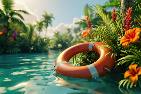 Lifebuoy in swimming pool with palm trees and flowers. 3d renderingの素材